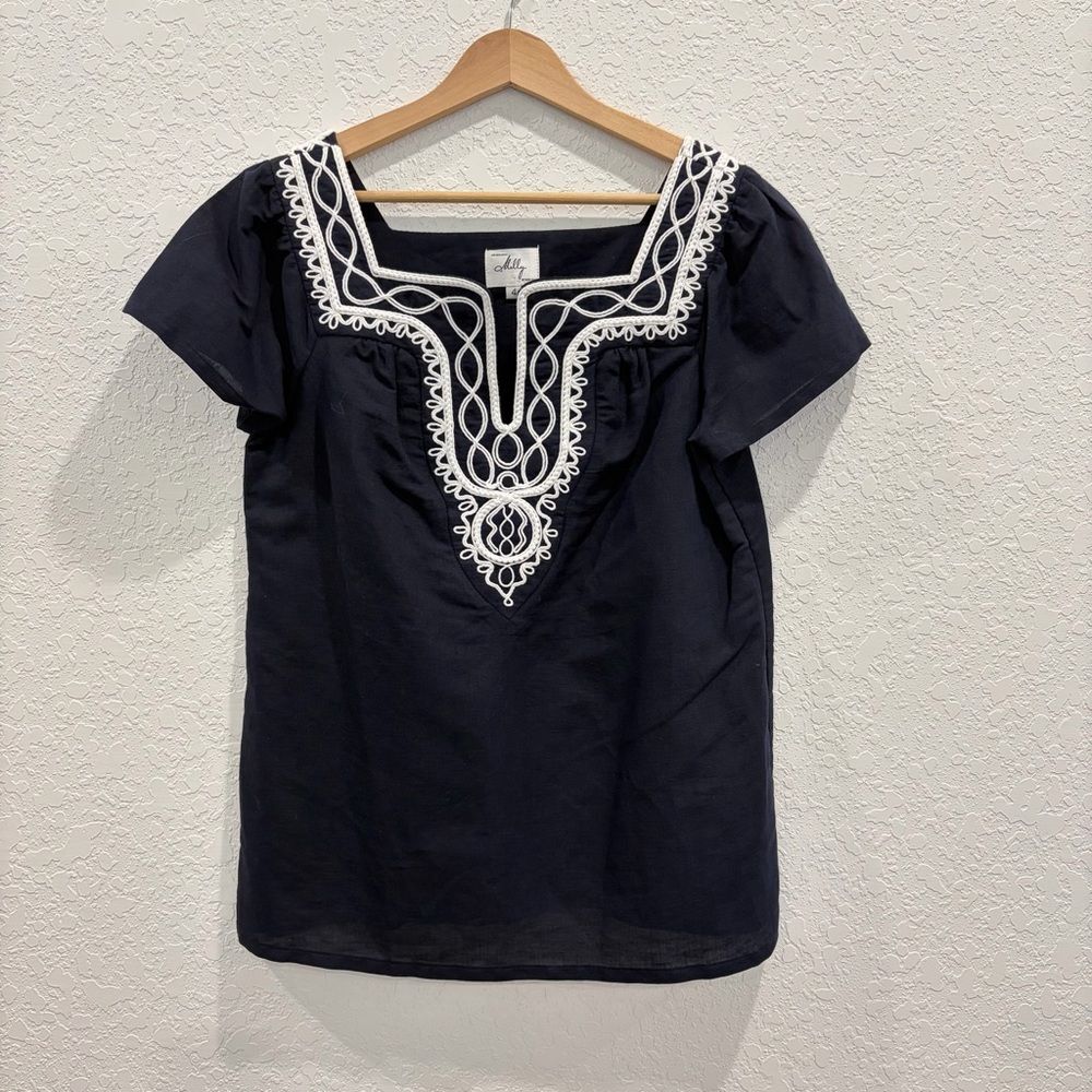 Milly Blue Embroidered Linen Cotton Top Size 4